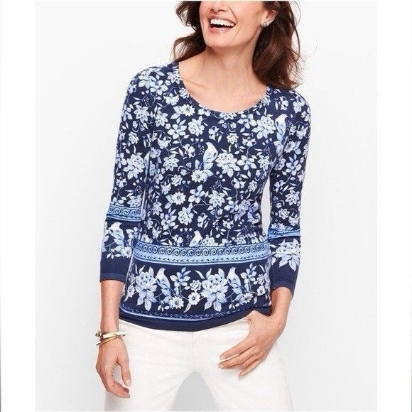 Talbots India Ink Medallion Bird Toile Sweater 3/4 Blue Sleeve Size Petite - Picture 1 of 6